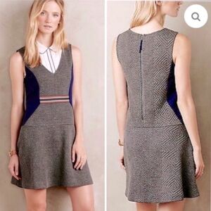 Anthropologie Maeve Ludlow Grey Blue Fit and Flare Quilted Dress Size Medium